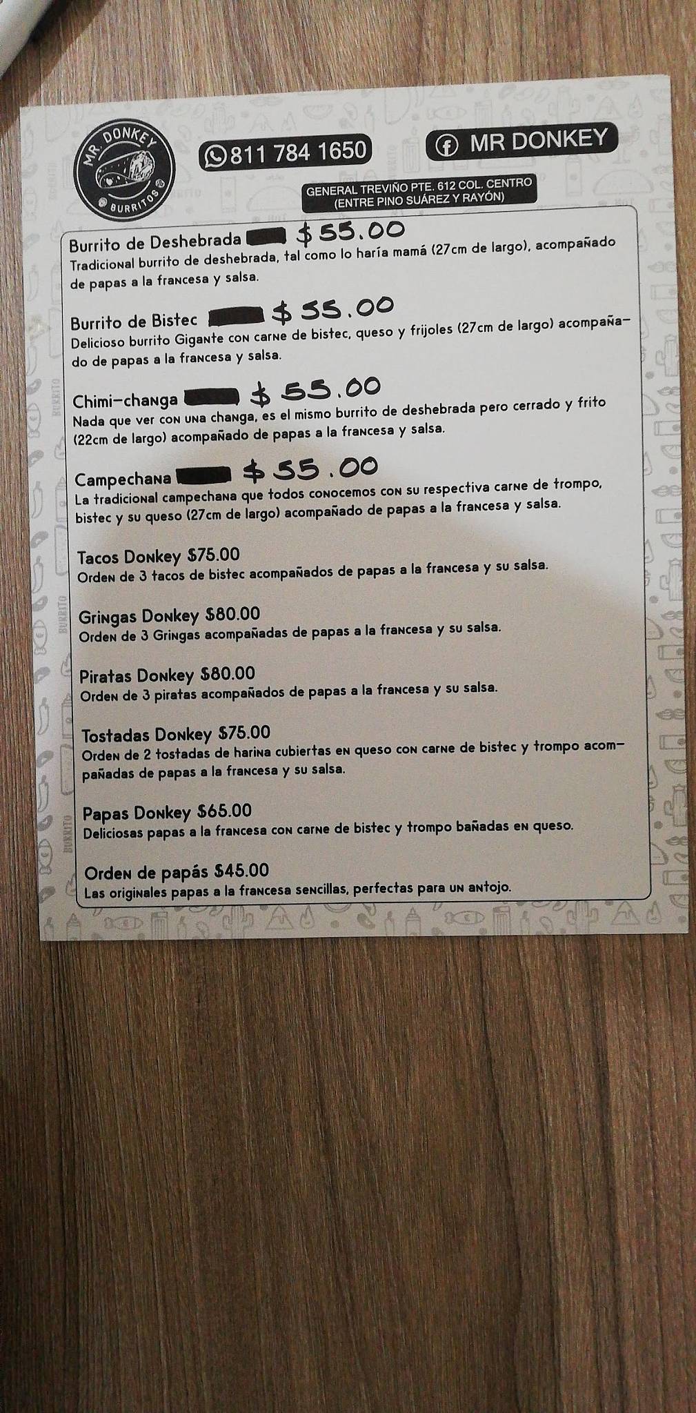 Carta del restaurante Mr. Donkey (Burritos) (tacos al vapor), Monterrey