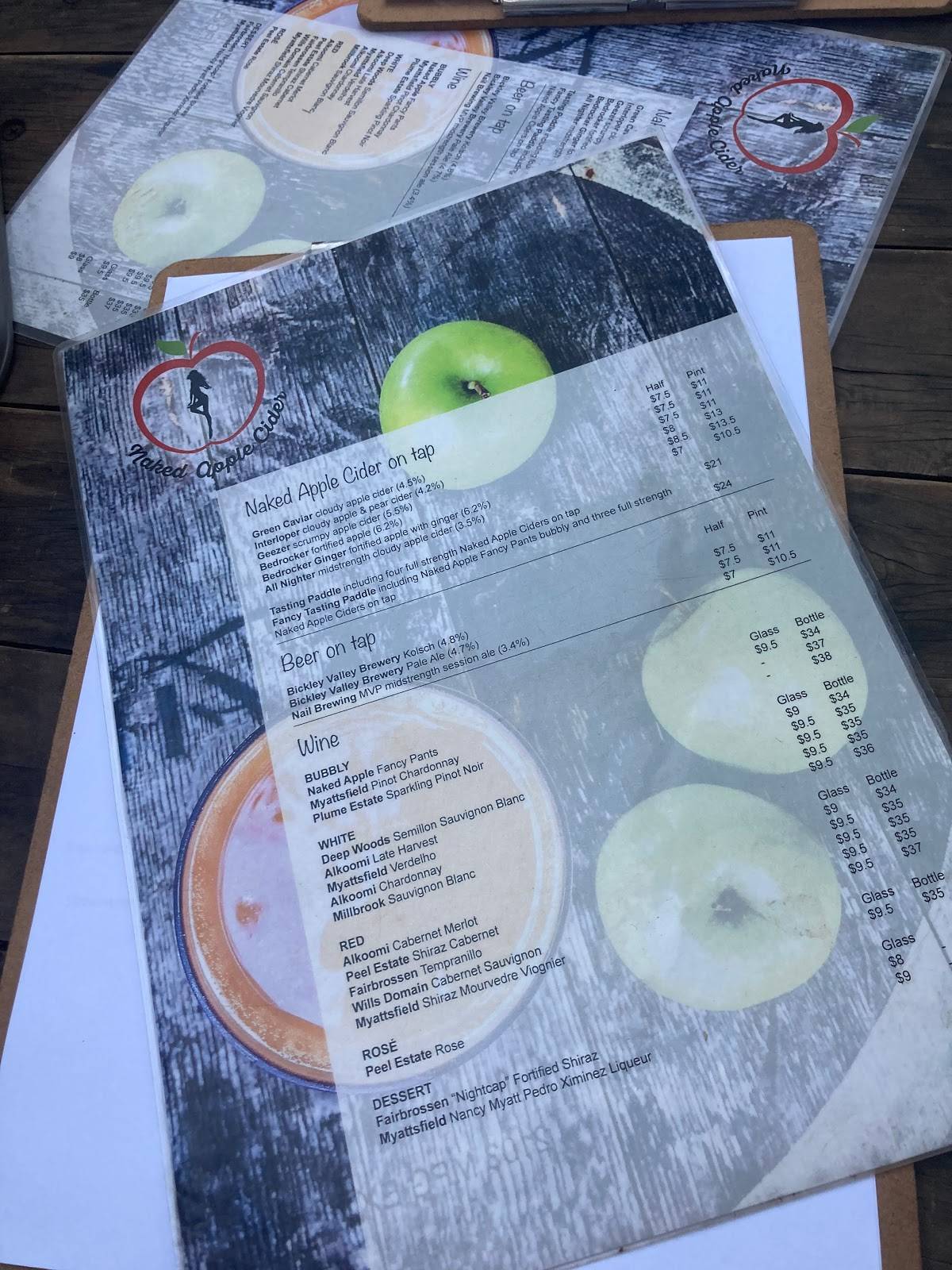 Menu at Naked Apple Cider House restaurant, Karragullen