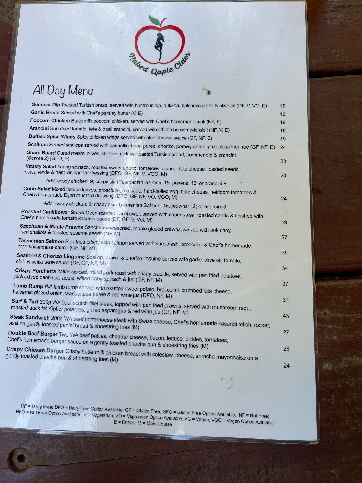 Menu at Naked Apple Cider House restaurant, Karragullen