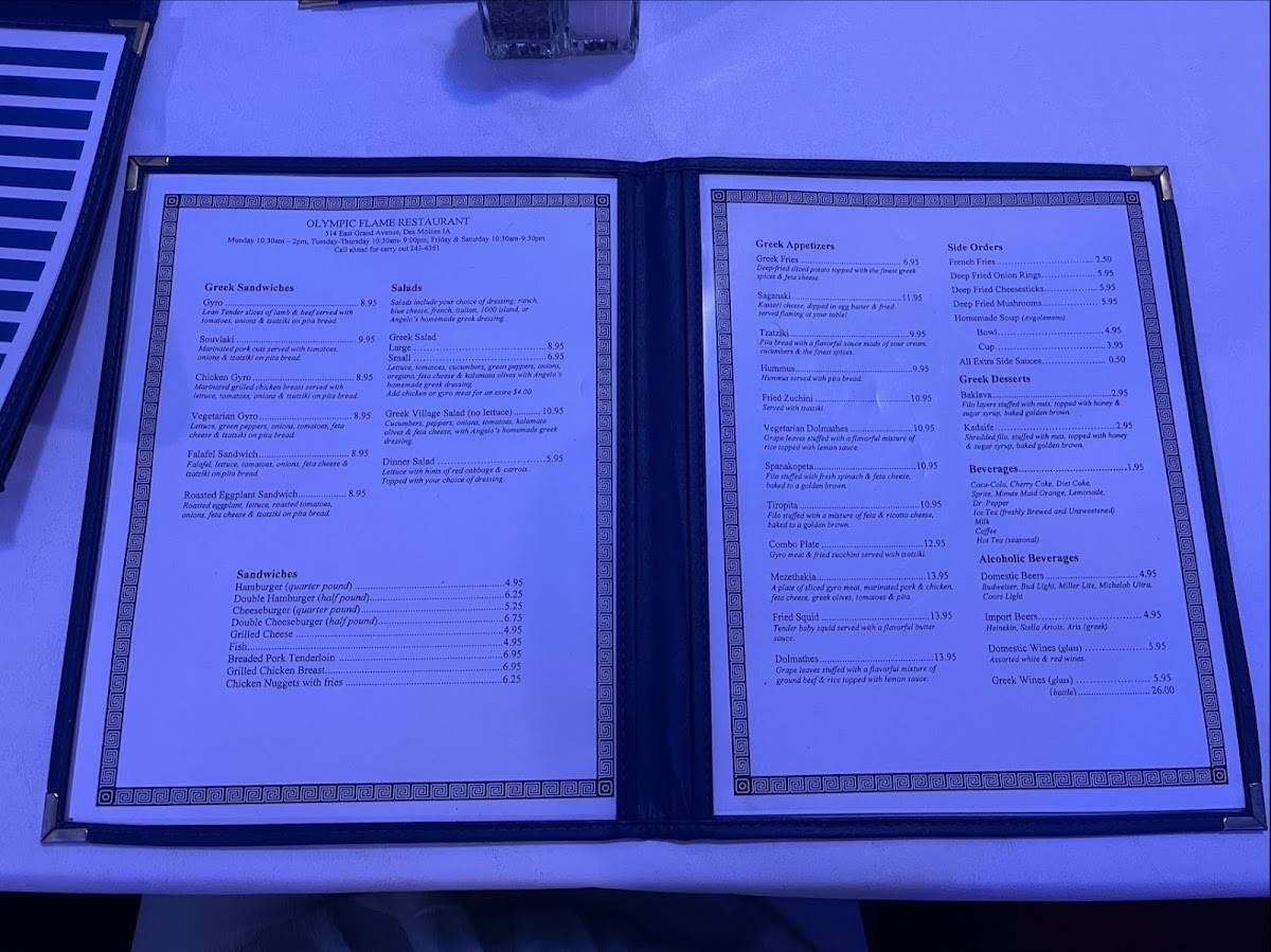 Menu at Olympic Flame Restaurant, Des Moines
