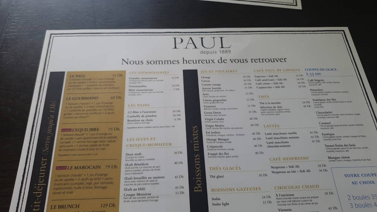 Menu at Paul CIL restaurant, Casablanca