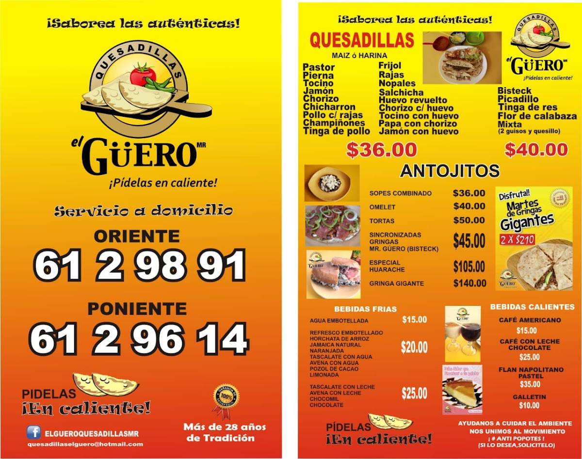 Carta del restaurante Quesadillas El Güero Marimba, Tuxtla Gutiérrez