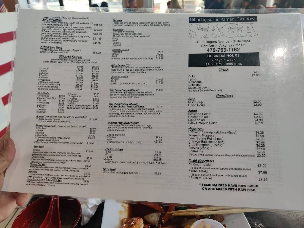 Menu at Saga restaurant, Fort Smith