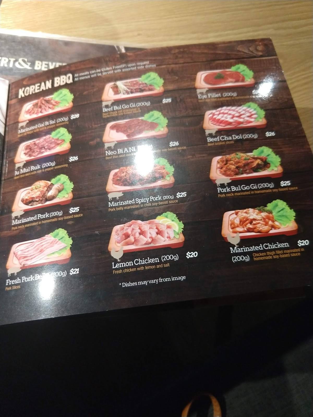 Menu at Surah Korean BBQ, Nowra