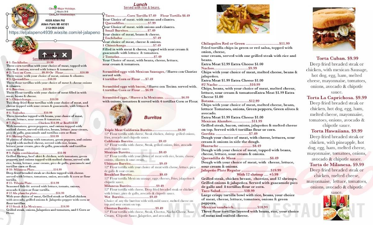 Menu at Taqueria El Jalapeño restaurant, Allen Park