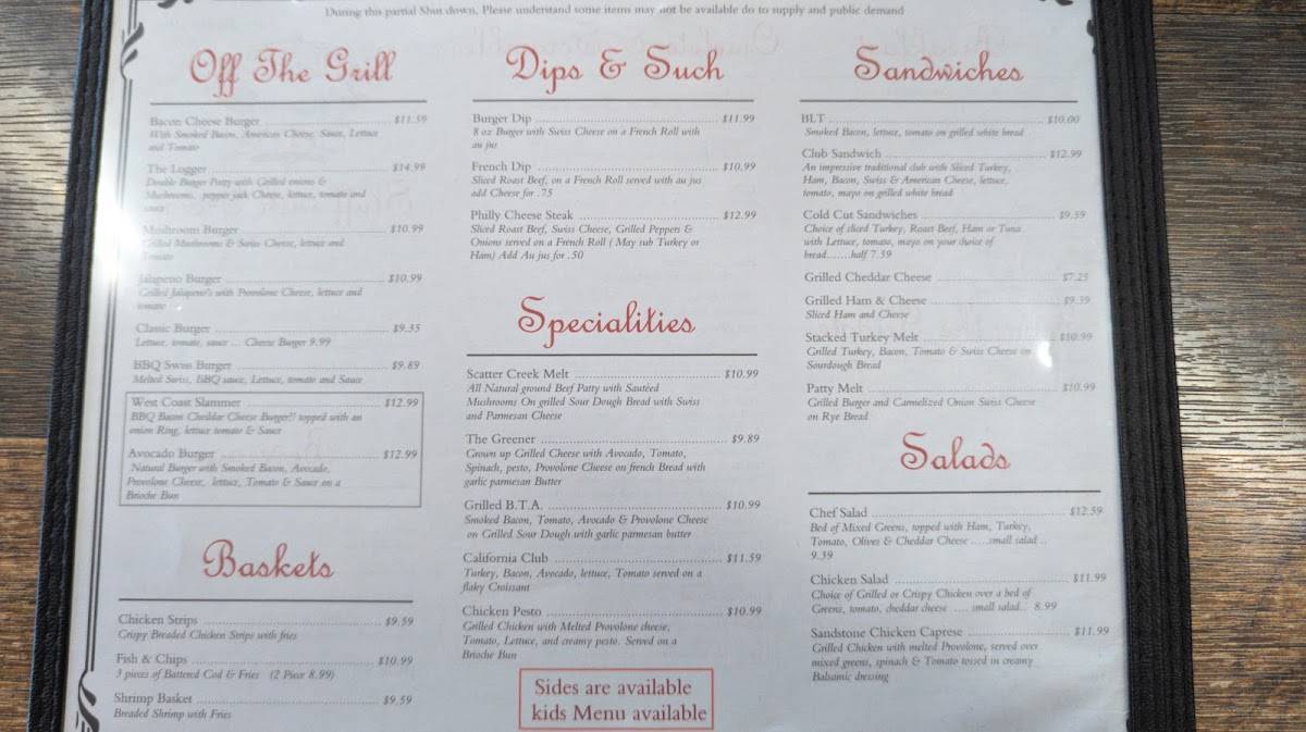 Menu at The Sandstone Cafe, Tenino