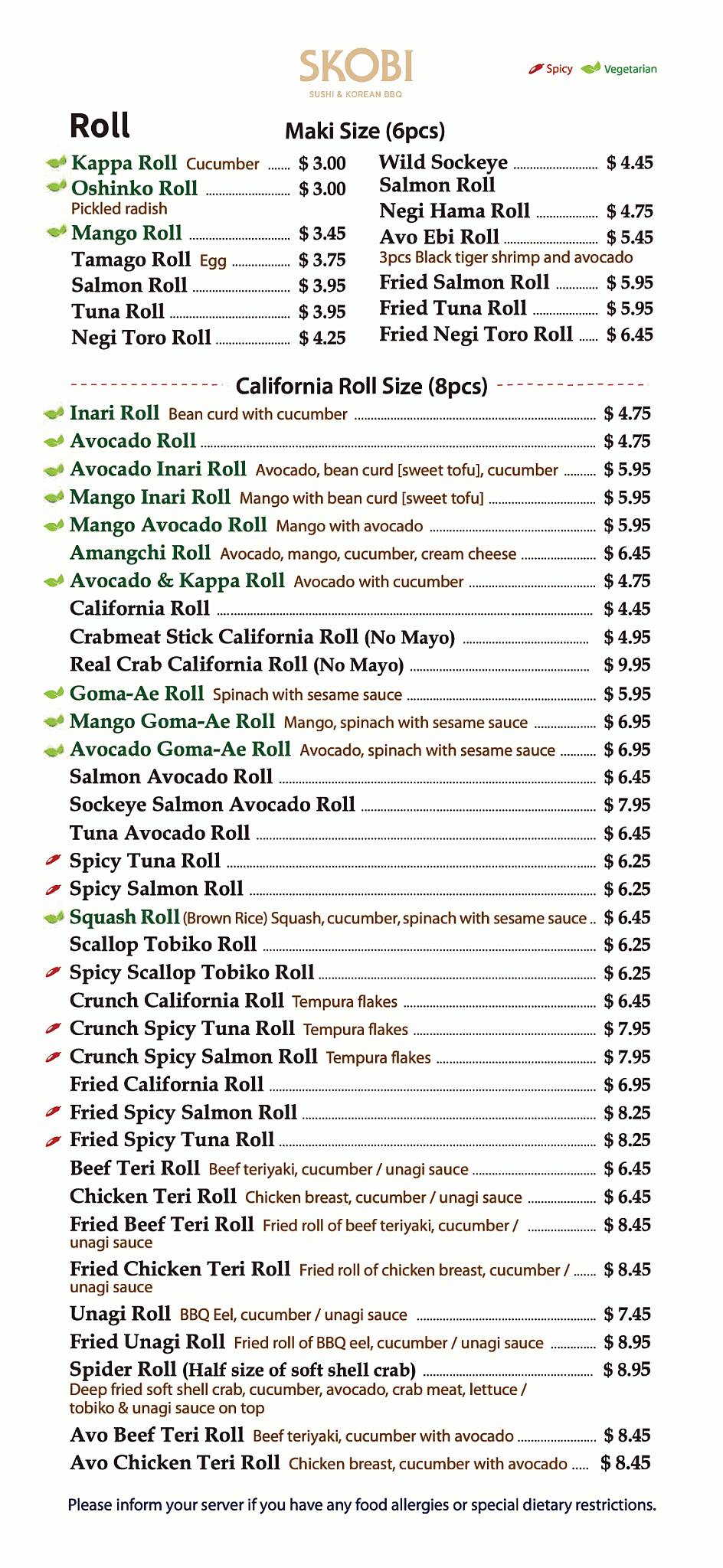 Menu at SKOBI sushi & korean bbq, Langley Township