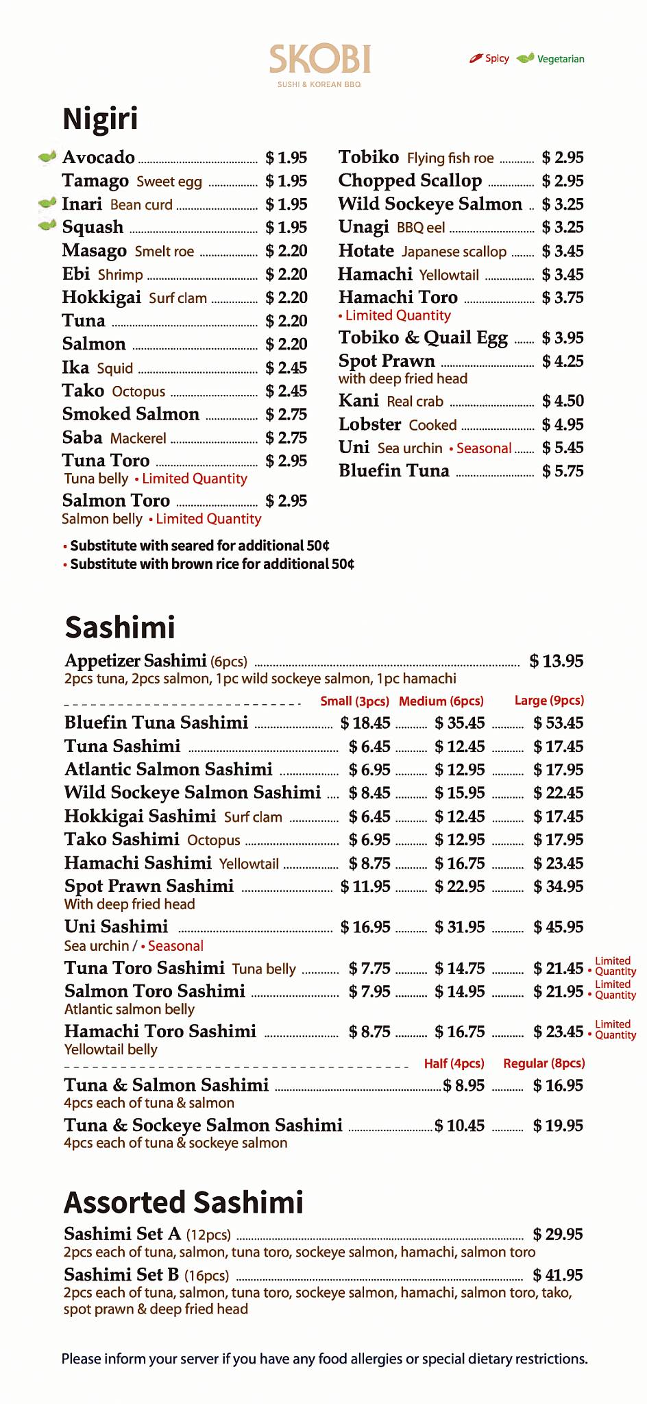 Menu at SKOBI sushi & korean bbq, Langley Township