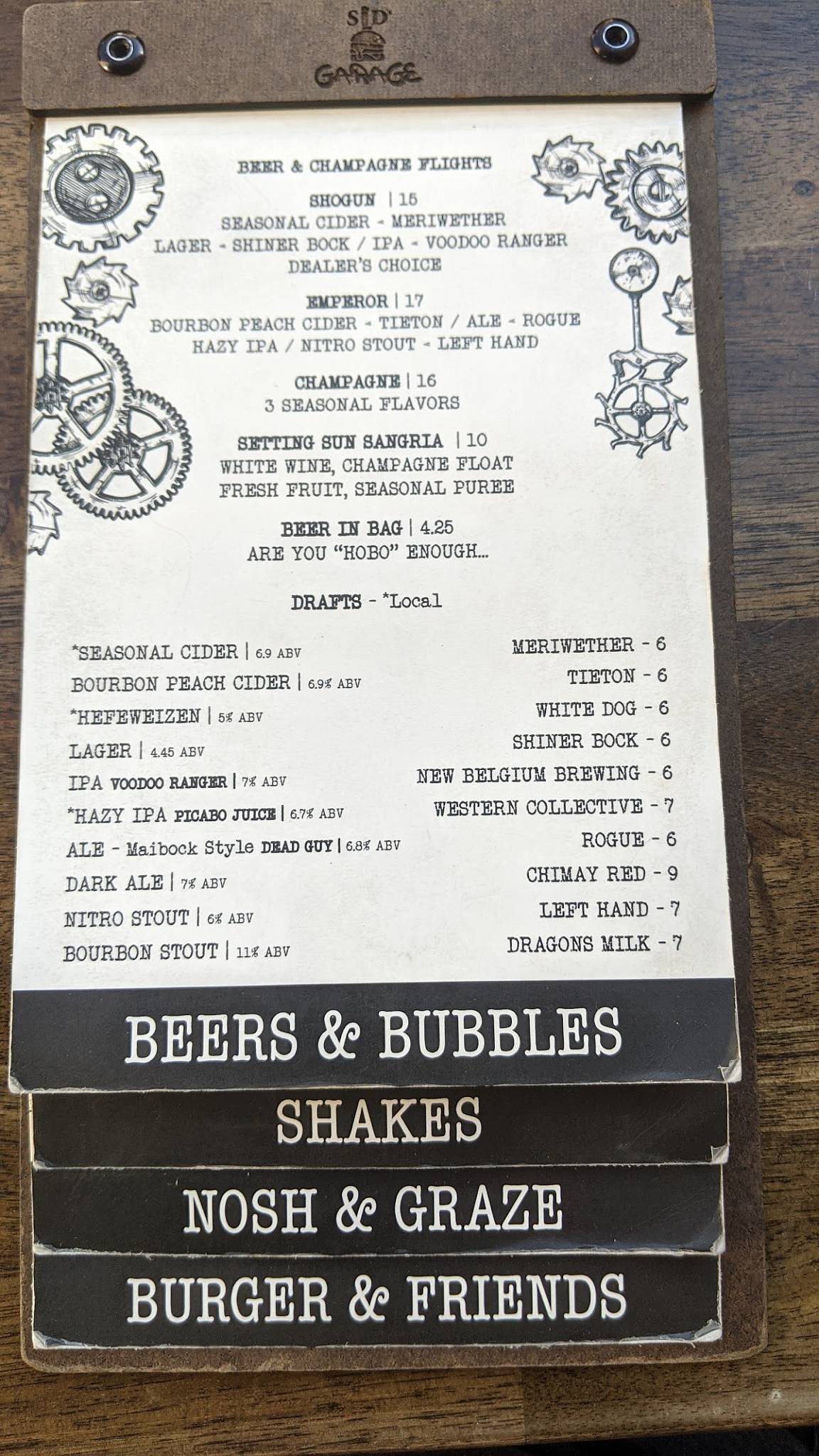 Menu at Sid's Garage restaurant, Meridian