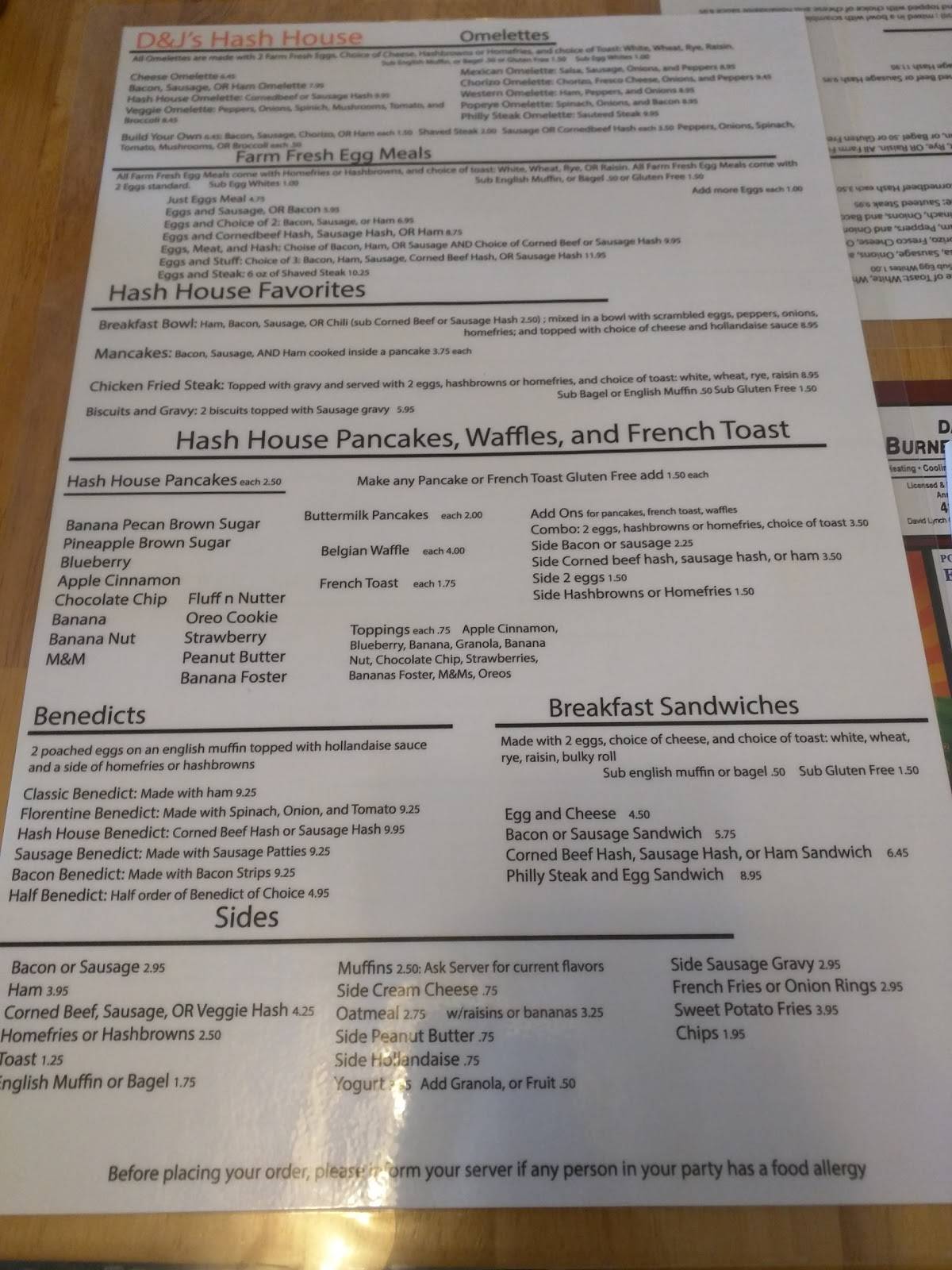 Menu at D&J's Hash House restaurant, Southwick