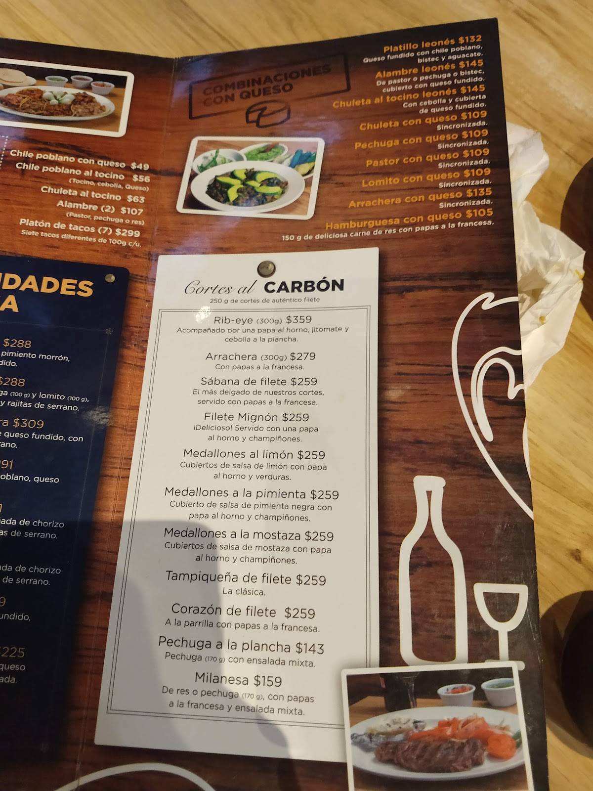 Carta de Parrilla Leonesa, Ciudad de México, Insurgentes Sur 86 Col. Juarez