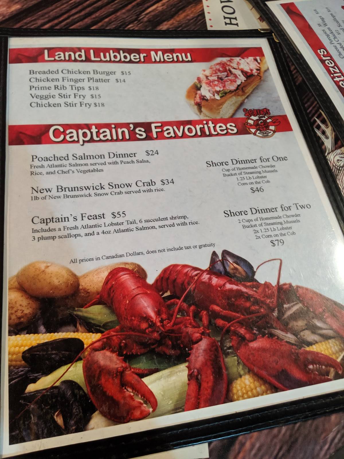 Menu at Steamers Lobster Co restaurant, Saint John