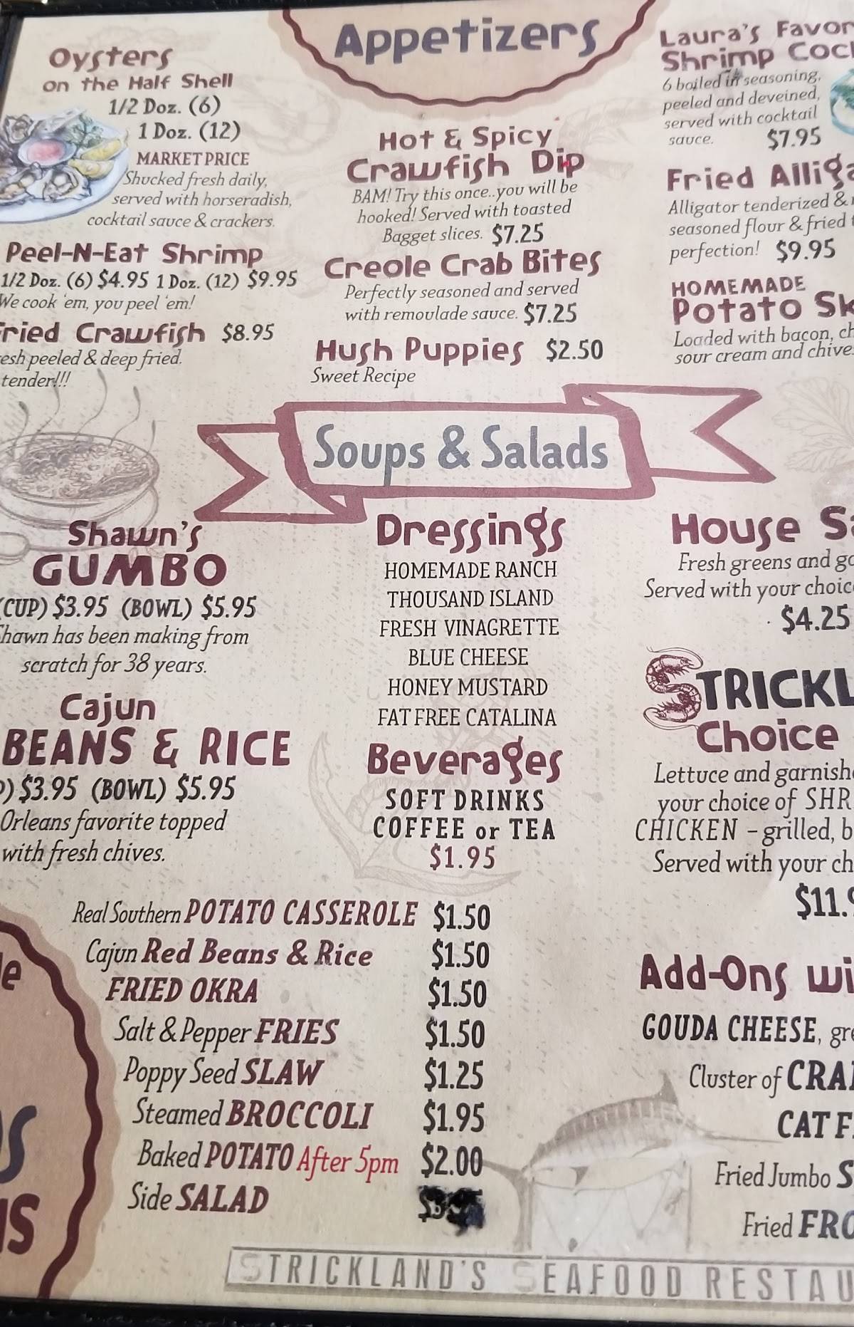 Menu at Strickland's Seafood Restaurant, Paducah