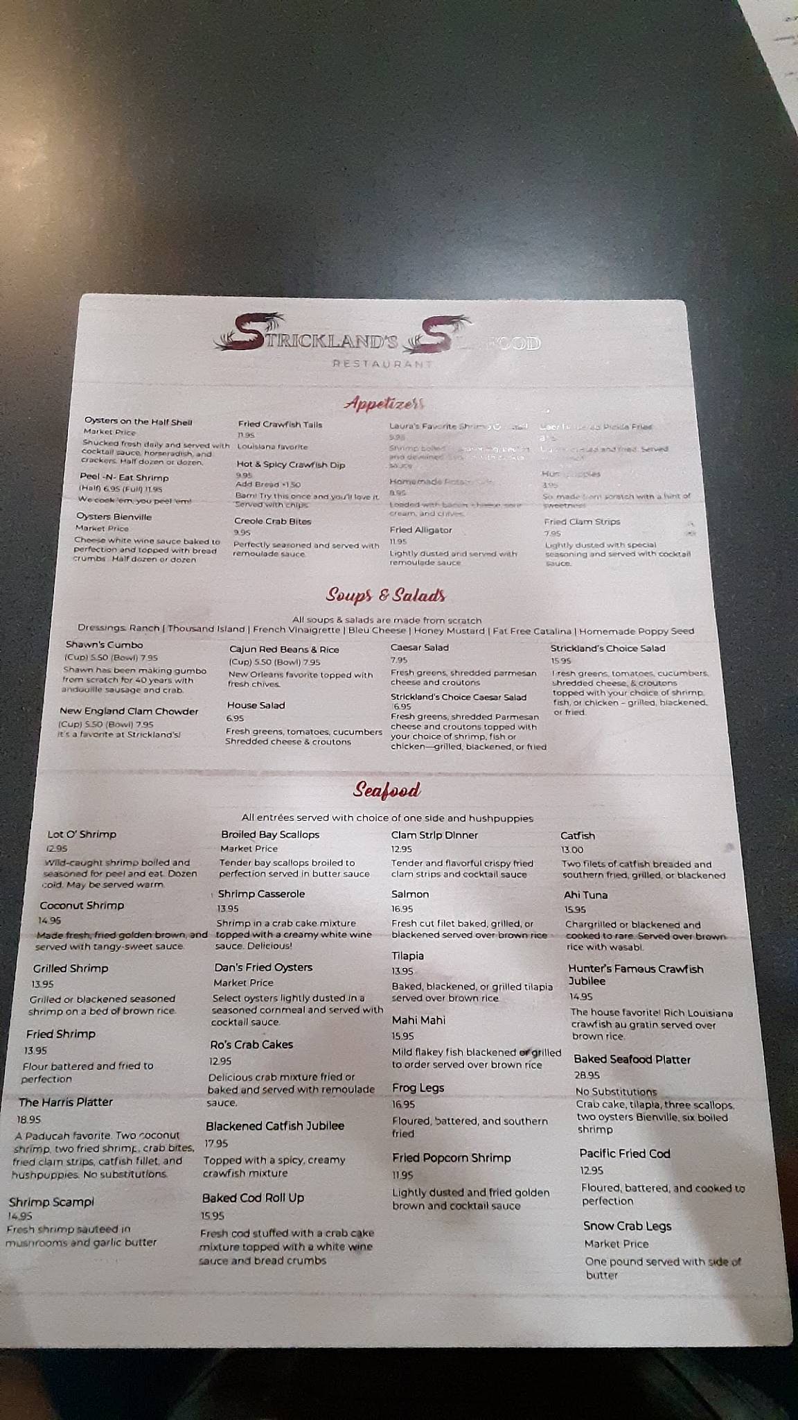 Menu at Strickland's Seafood Restaurant, Paducah