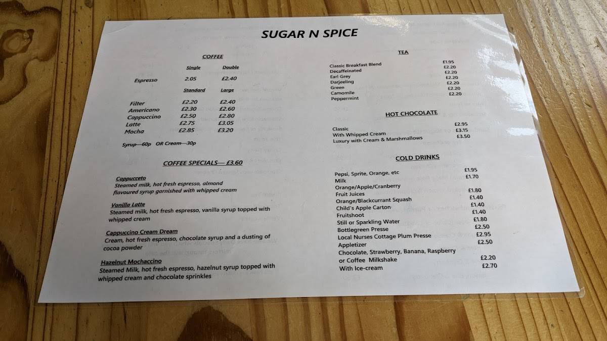 Menu at Sugar n' Spice cafe, Pershore
