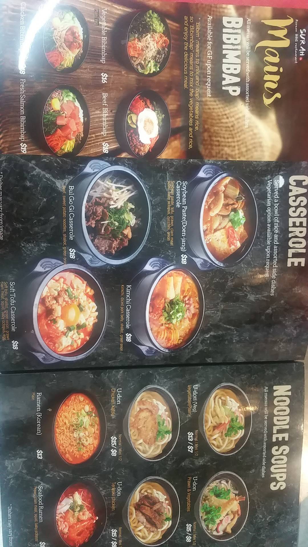 Menu at Surah Korean BBQ, Nowra
