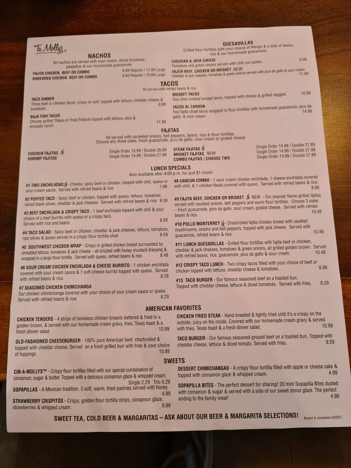 Menu at TaMolly's of Jonesboro restaurant, Jonesboro