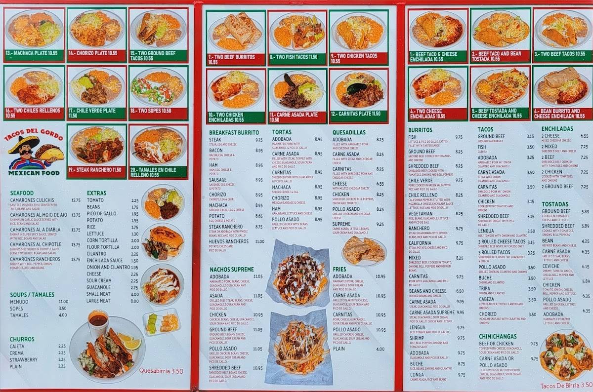 Menu at Tacos Del Gordo restaurant, Colorado Springs, S Academy Blvd