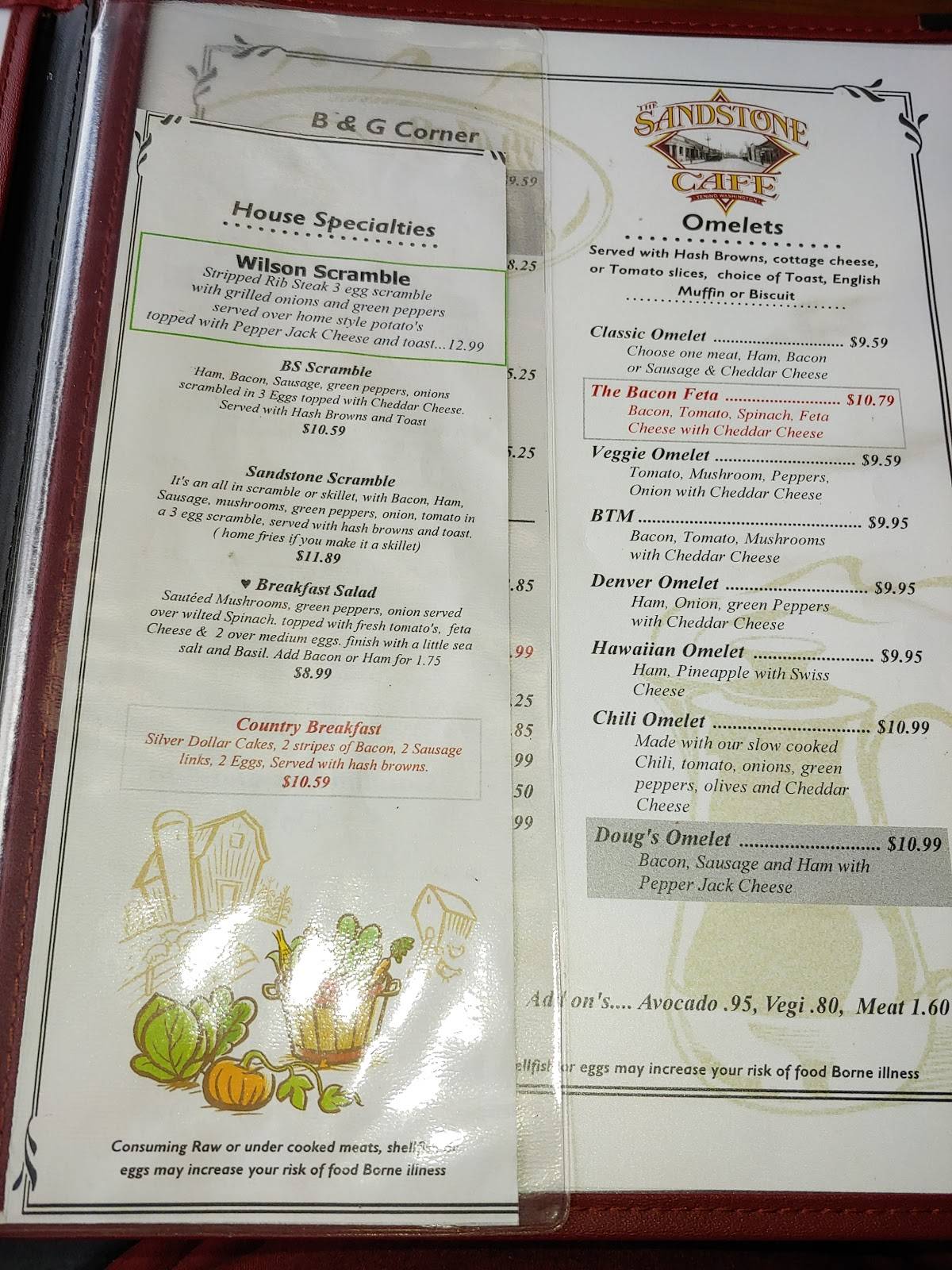 Menu at The Sandstone Cafe, Tenino