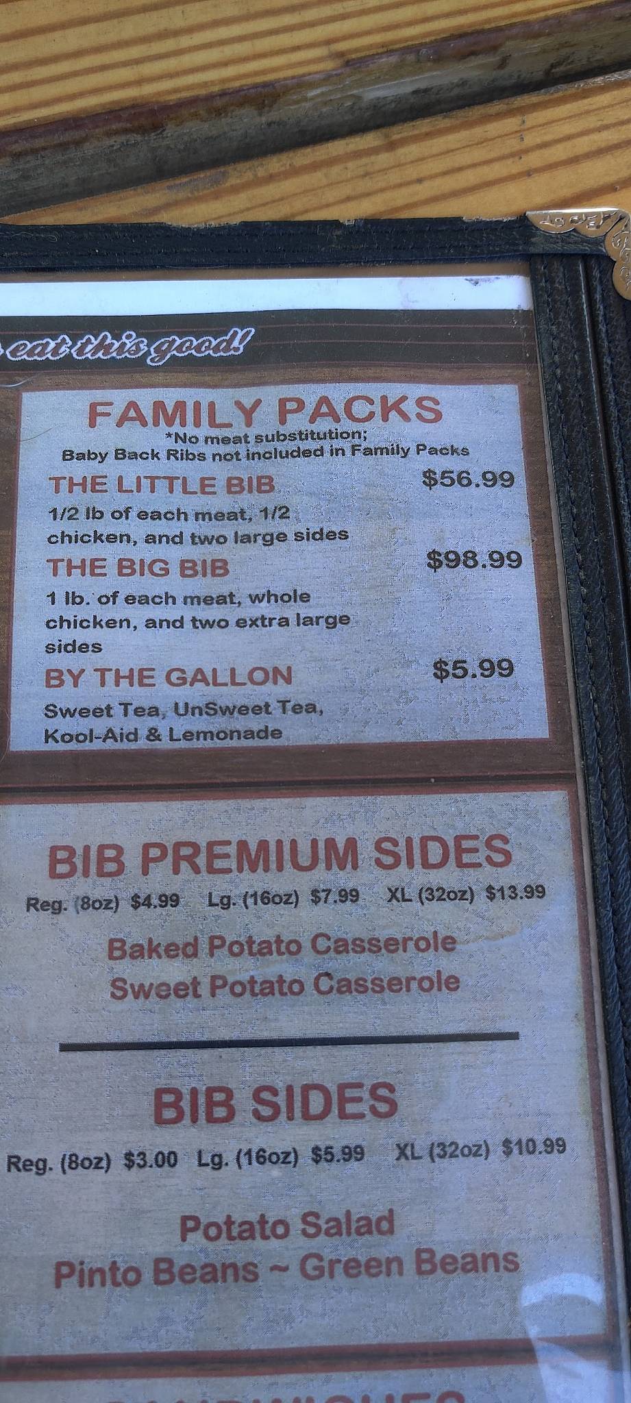 Menu at The Big Bib BBQ, San Antonio, 104 Lanark Dr