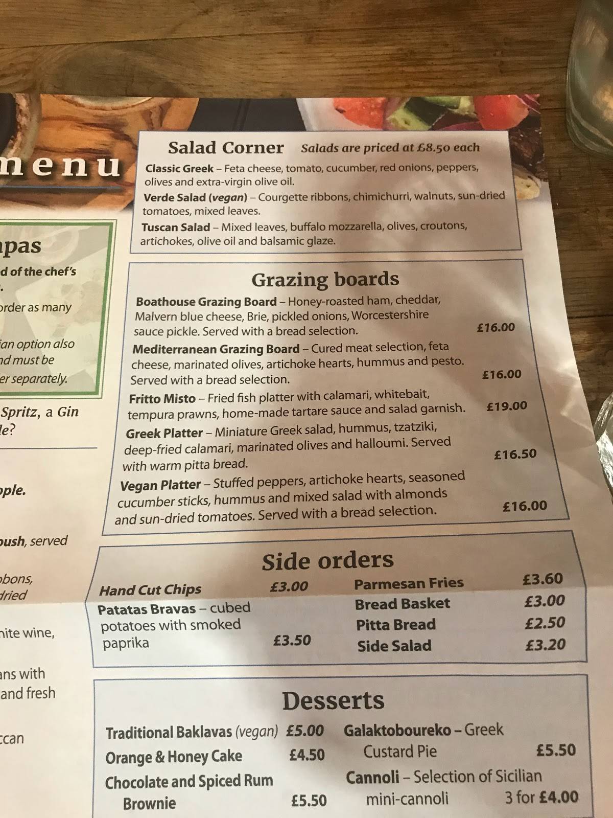 Menu at The Boathouse restaurant, Upton upon Severn