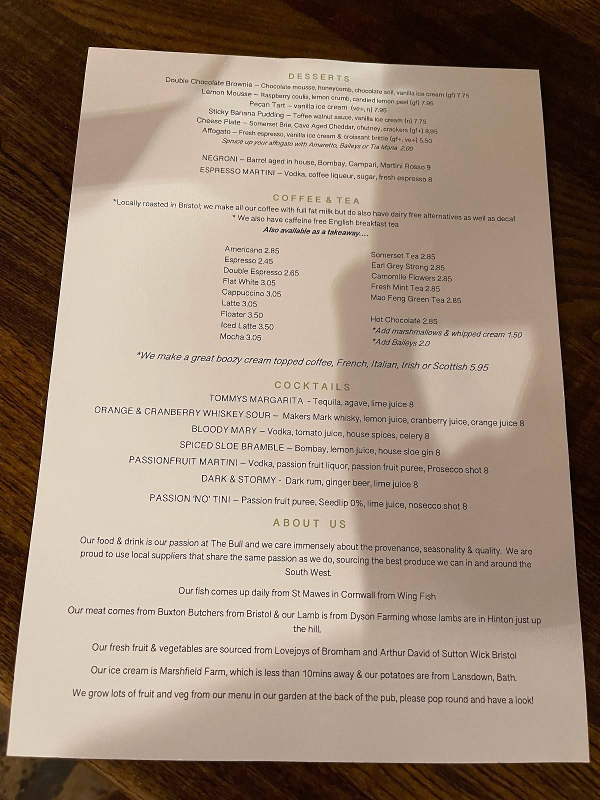 Menu at The Bull pub & bar, Dyrham and Hinton, Pucklechurch Road