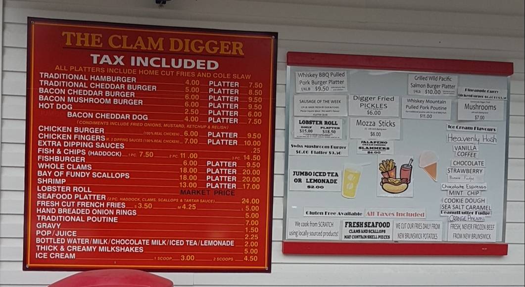 Menu at The Clam Digger restaurant, Chamcook, NB127