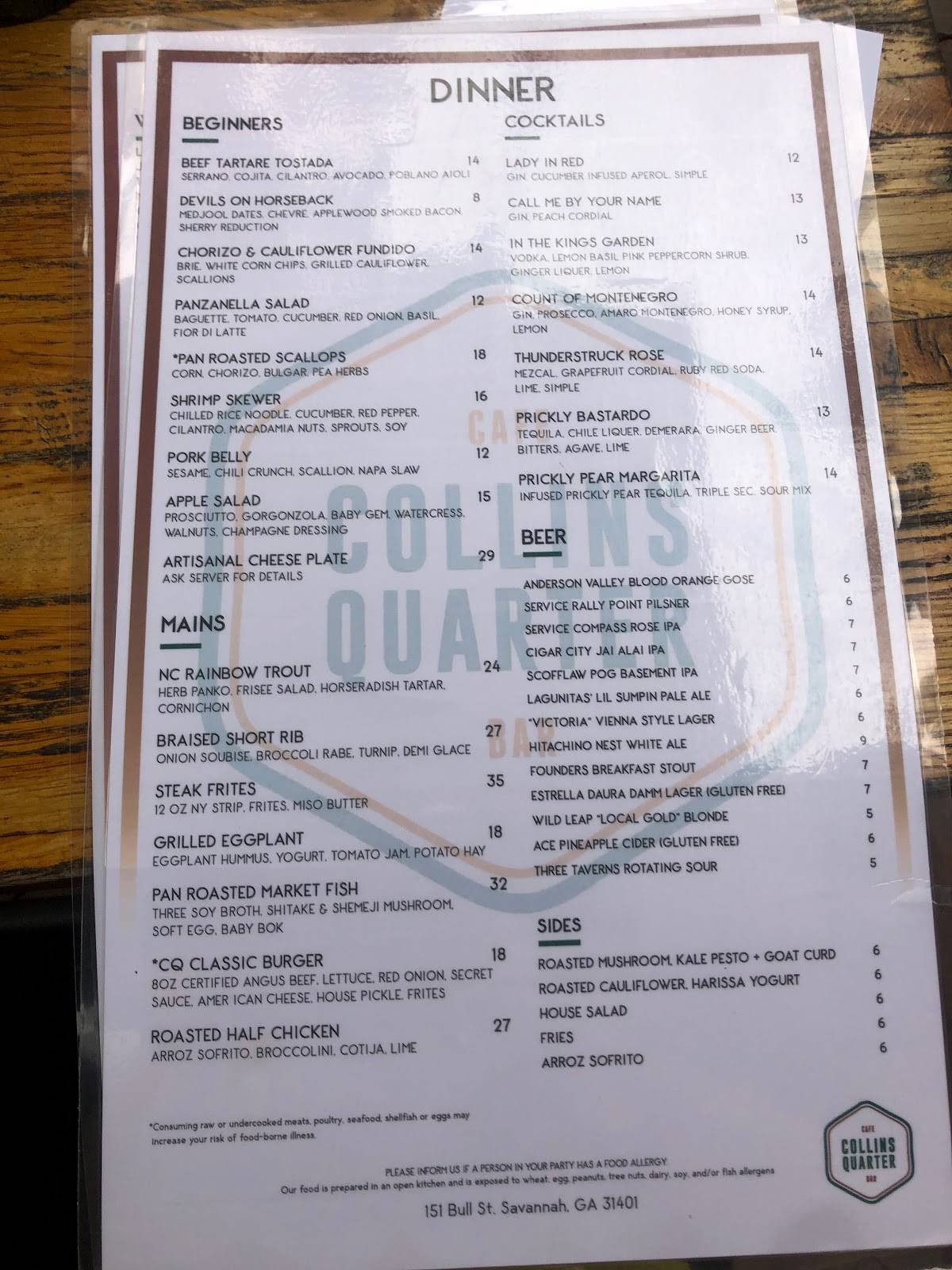 Menu at The Collins Quarter cafe, Savannah, 151 Bull St