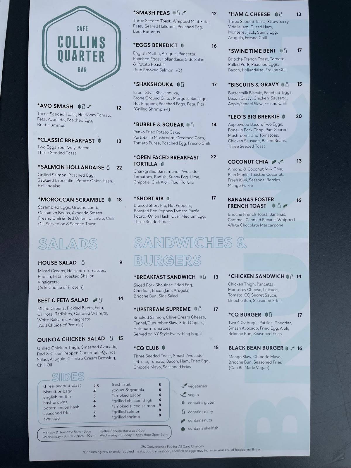 Menu at The Collins Quarter cafe, Savannah, 151 Bull St