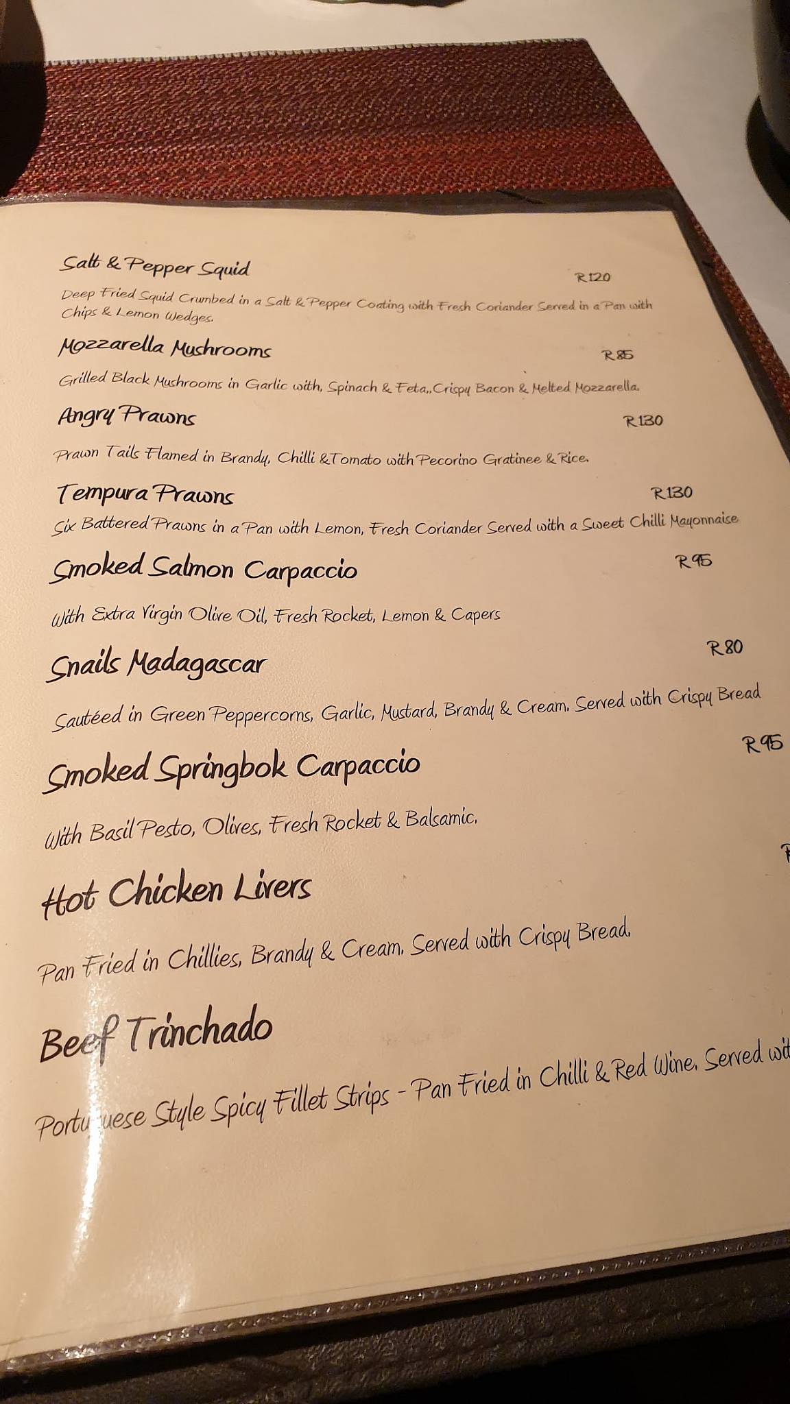 Menu at The Hat & Creek restaurant, Hoedspruit