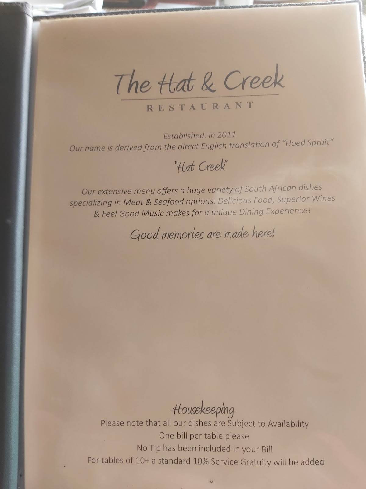 Menu at The Hat & Creek restaurant, Hoedspruit