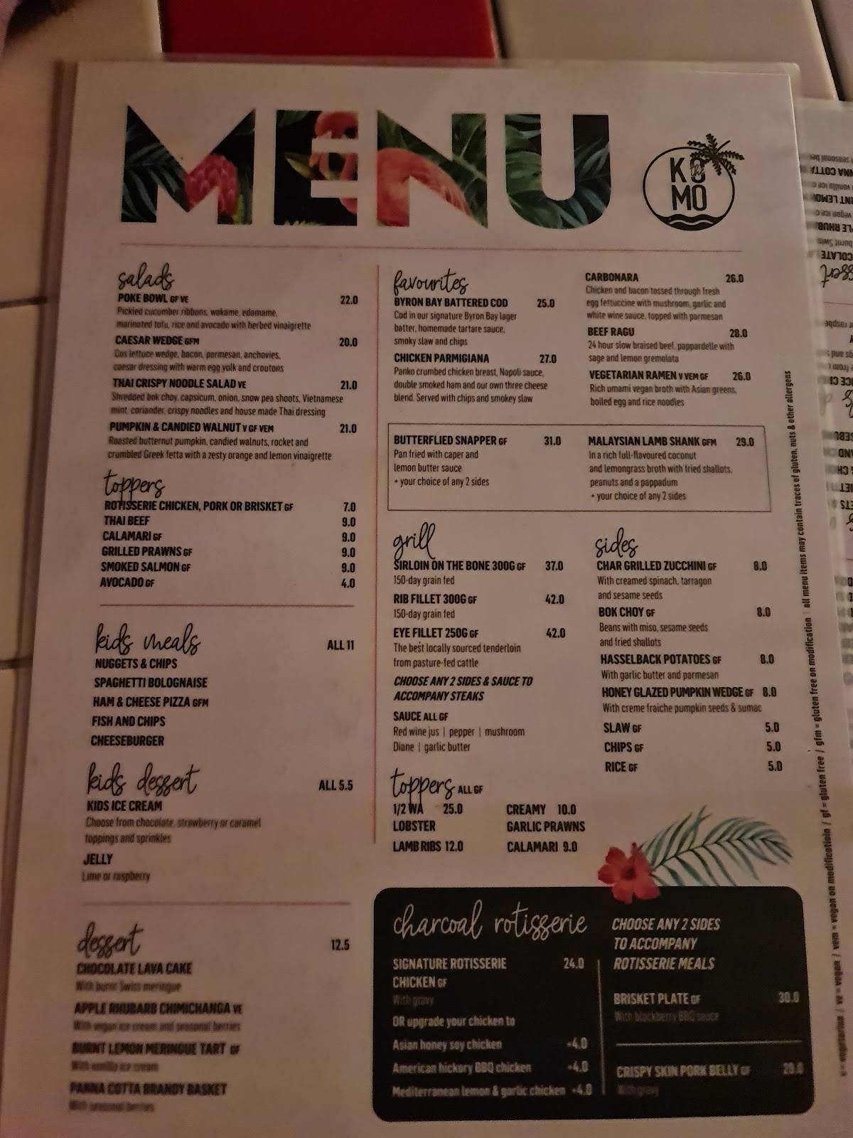 Menu at The Komo restaurant, Redcliffe, 99 Marine Parade