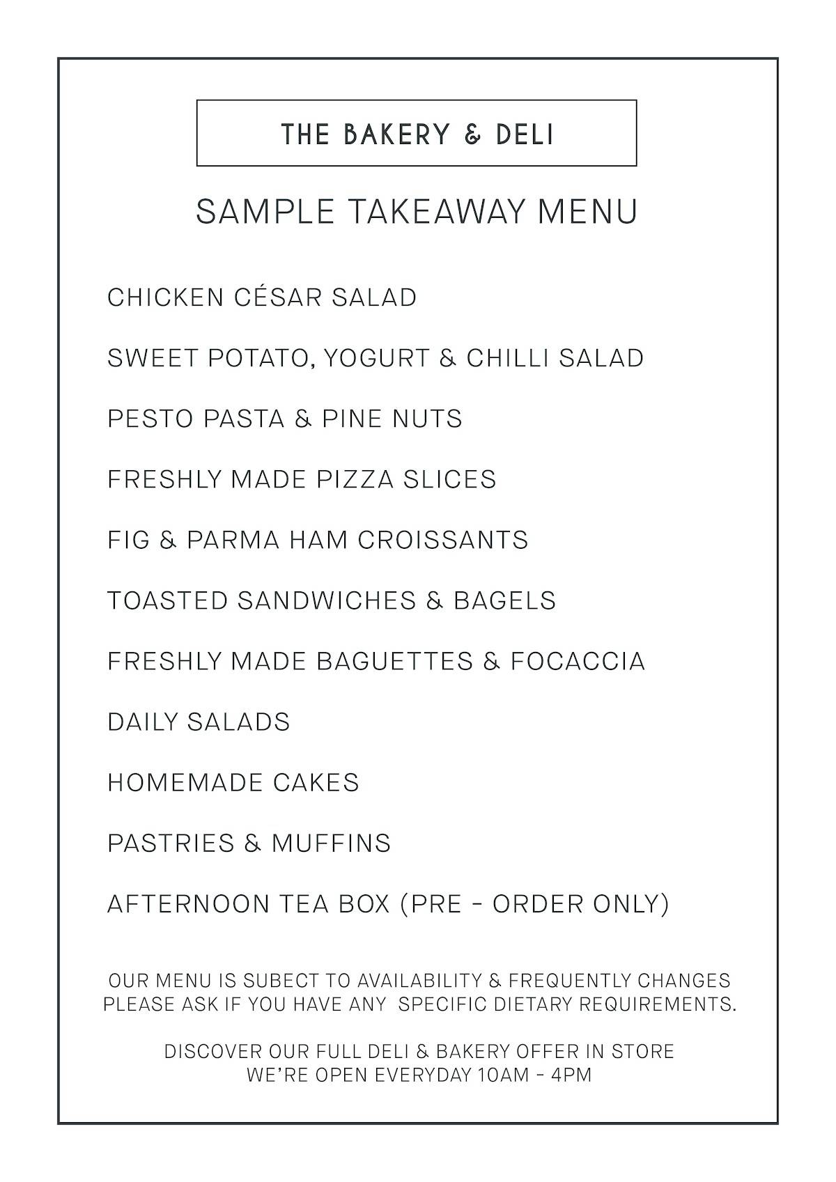 Menu at The Orangery Tea House, The Garden Society restaurant, Southampton