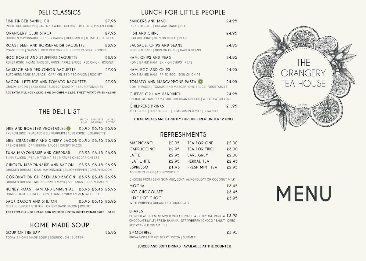 Menu at The Orangery Tea House, The Garden Society restaurant, Southampton