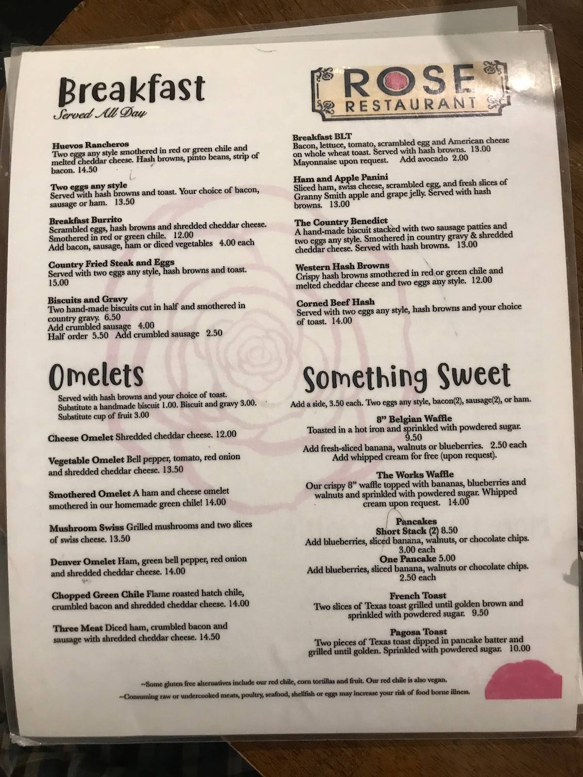 Menu at The Rose cafe, Pagosa Springs, 408 Pagosa St