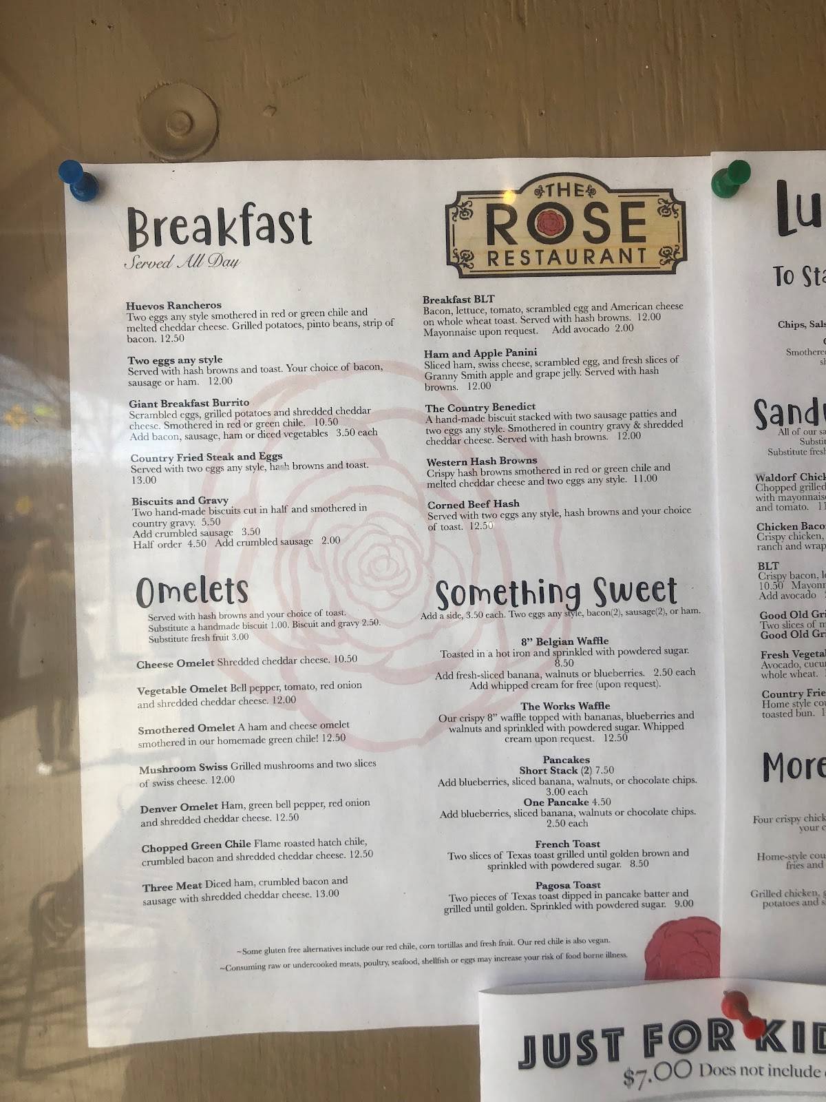Menu at The Rose cafe, Pagosa Springs, 408 Pagosa St