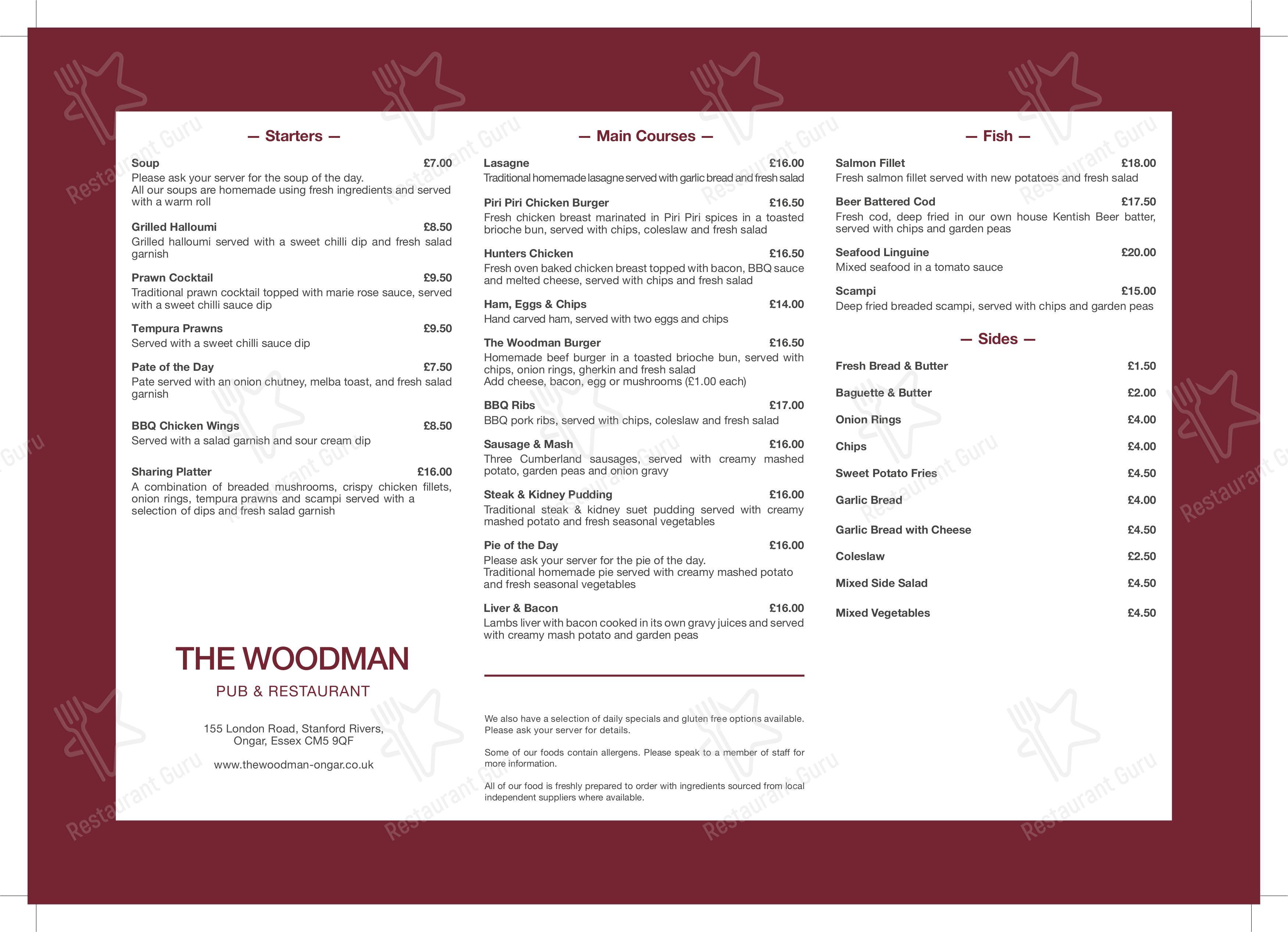 Menu at The Woodman pub & bar, Ongar, 155 London Rd