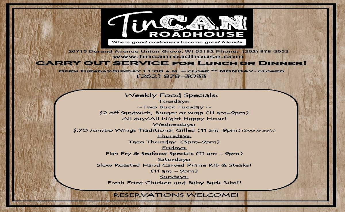Menu at TinCAN Roadhouse pub & bar, Union Grove