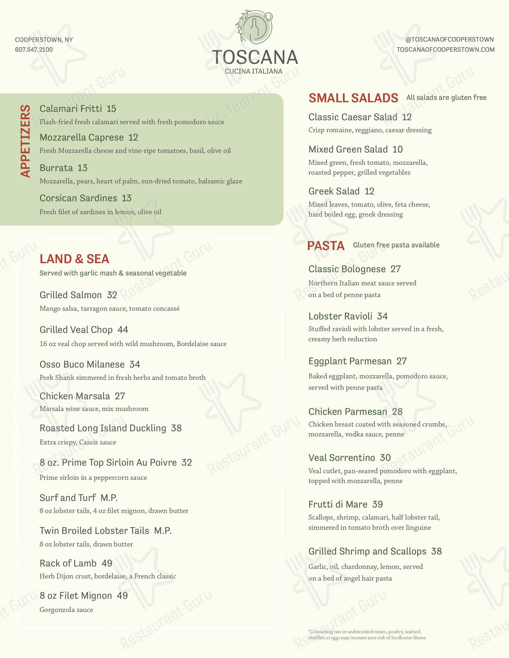 Menu at Toscana of Cooperstown pub & bar, Cooperstown