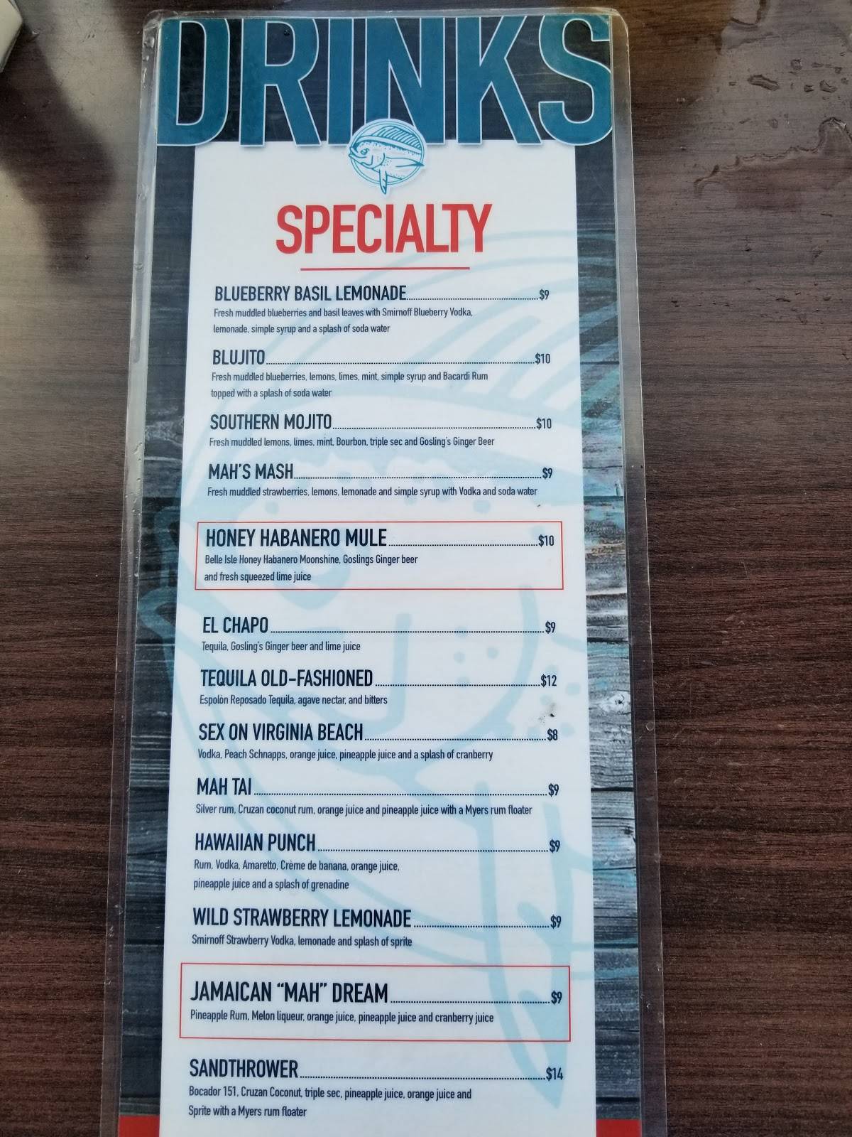 Menu at Mahi's restaurant, Virginia Beach
