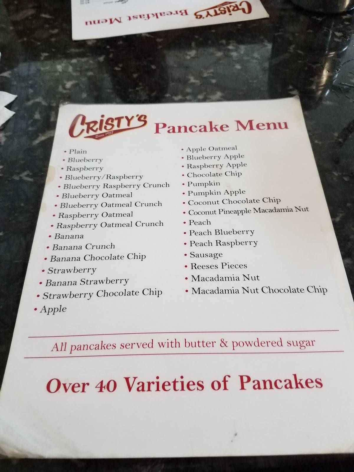 Menu at Cristy's Restaurant, Westbrook