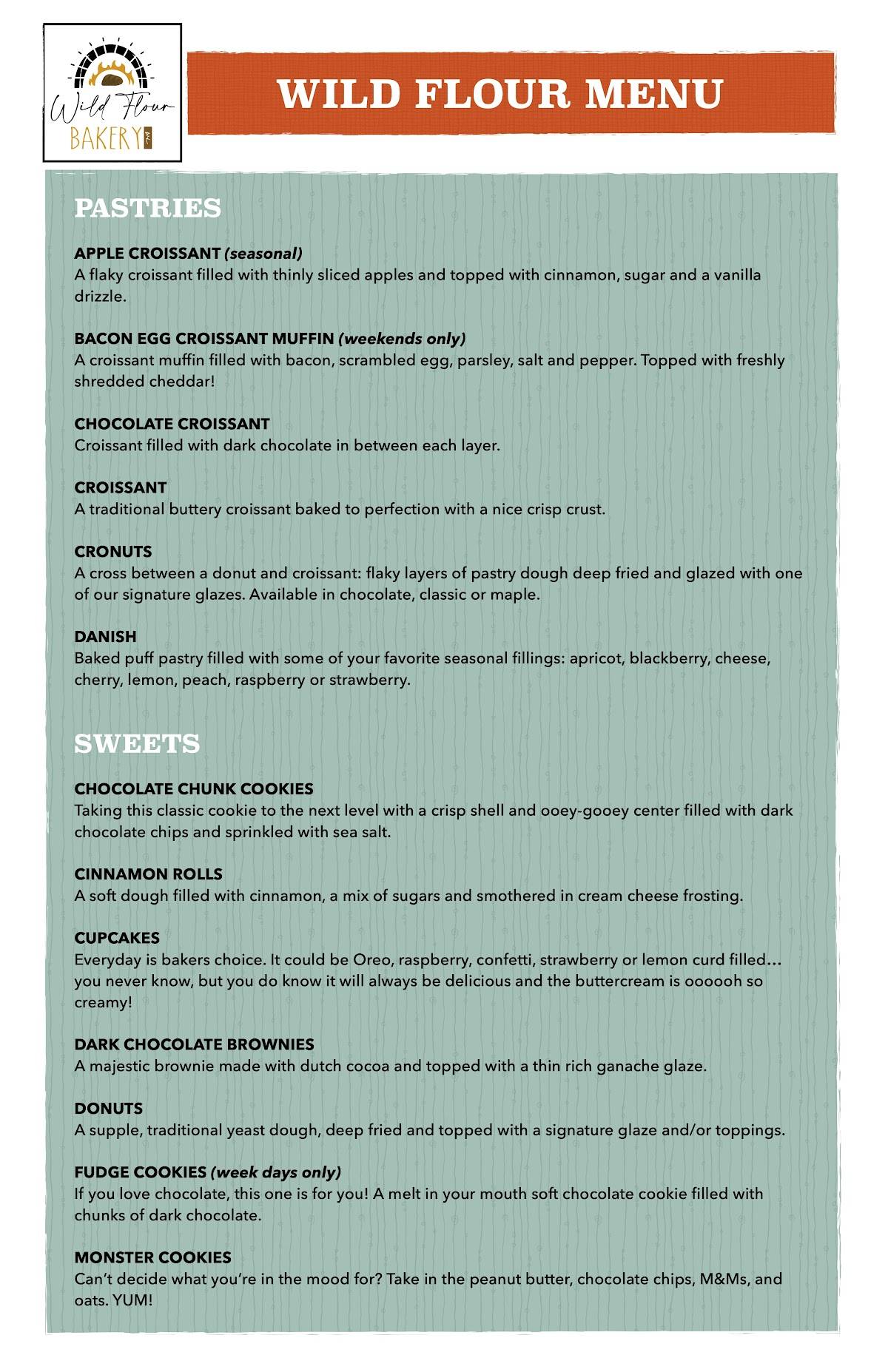 Menu at Wild Flour Bakery, Chippewa Falls