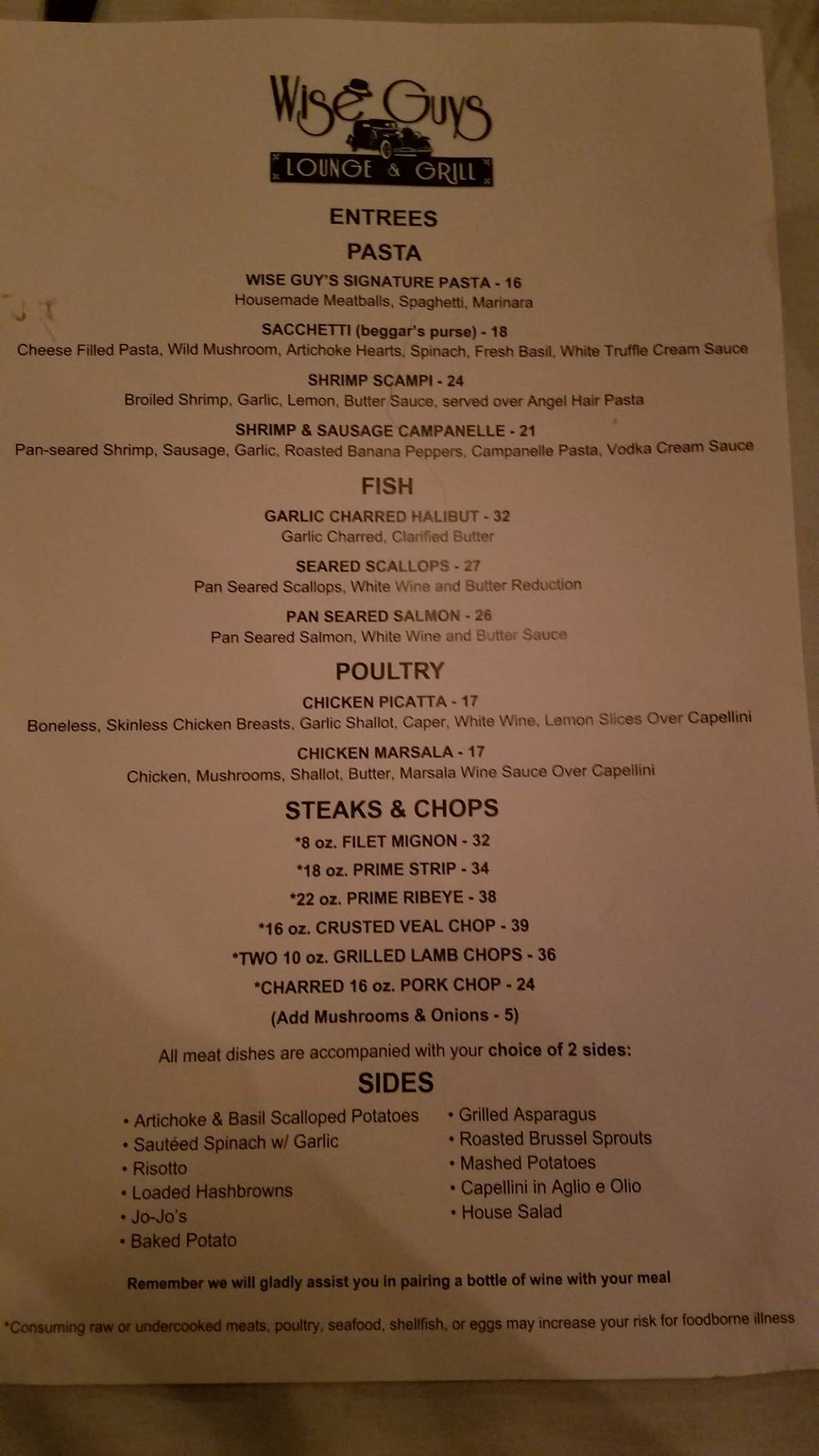 Menu at Wise Guys Lounge and Grill steakhouse, Akron