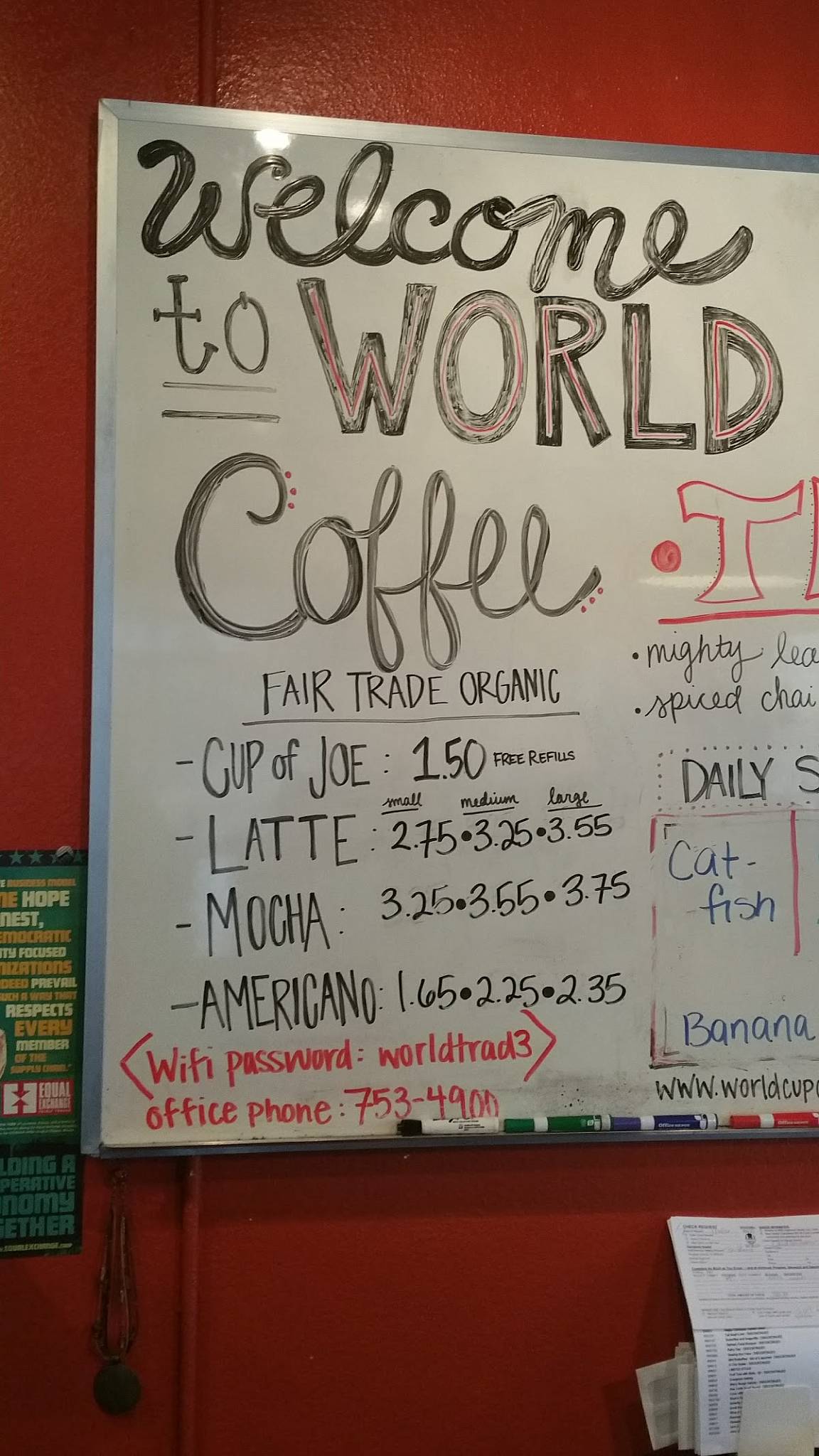 Menu at World Cup Cafe and Fair Trade Market, Waco