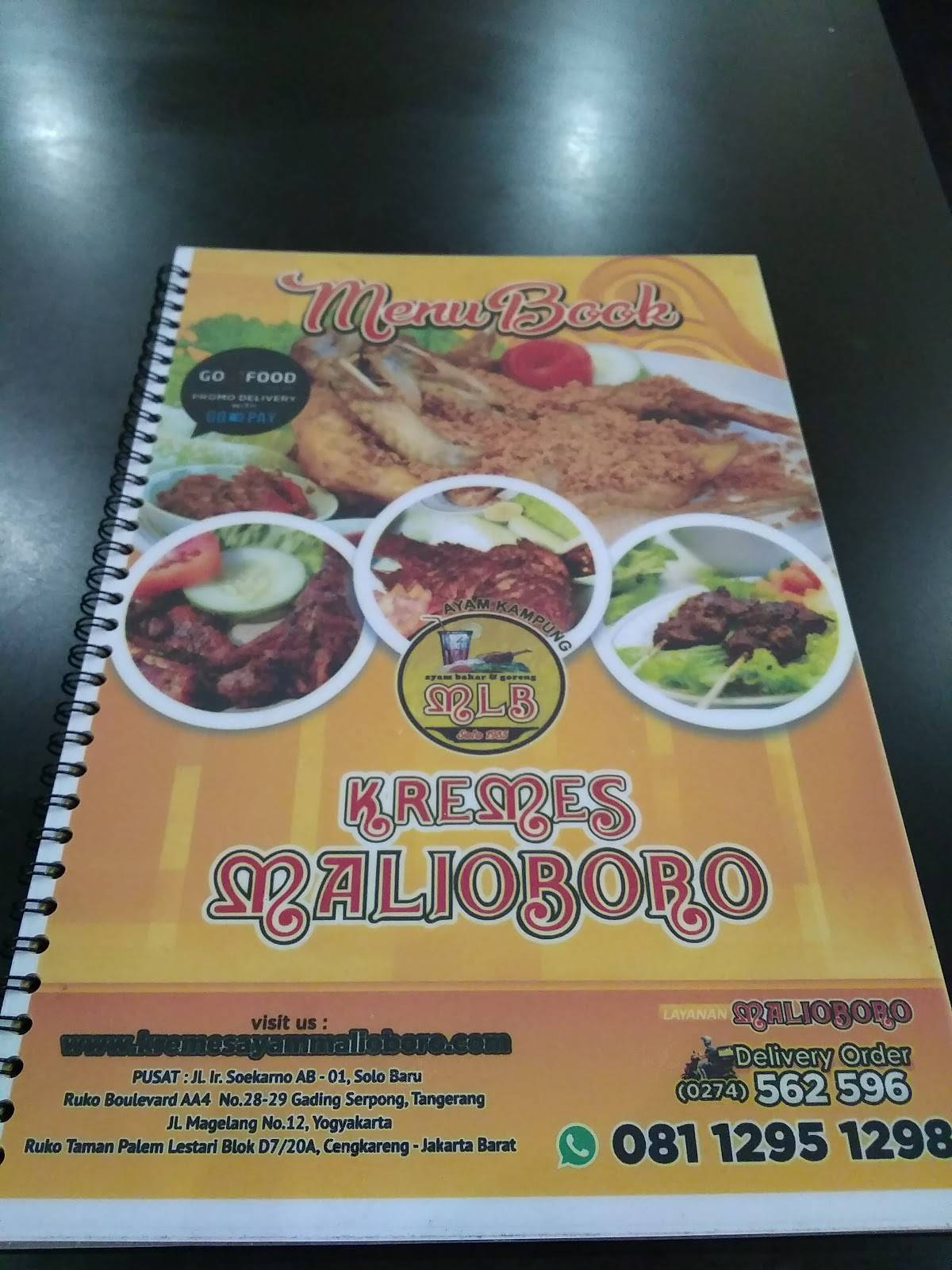 Menu at Malioboro Kremes Ayam Goreng restaurant, Yogyakarta