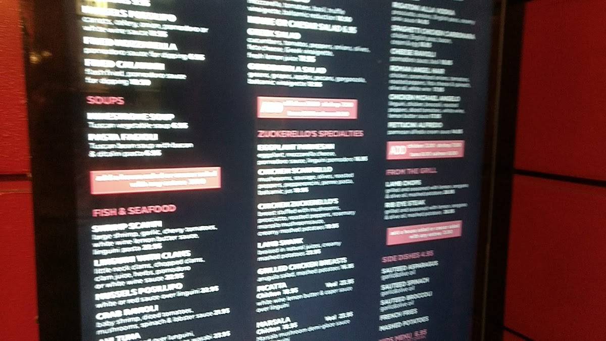 Menu at Zuckerello's restaurant, Fort Lauderdale