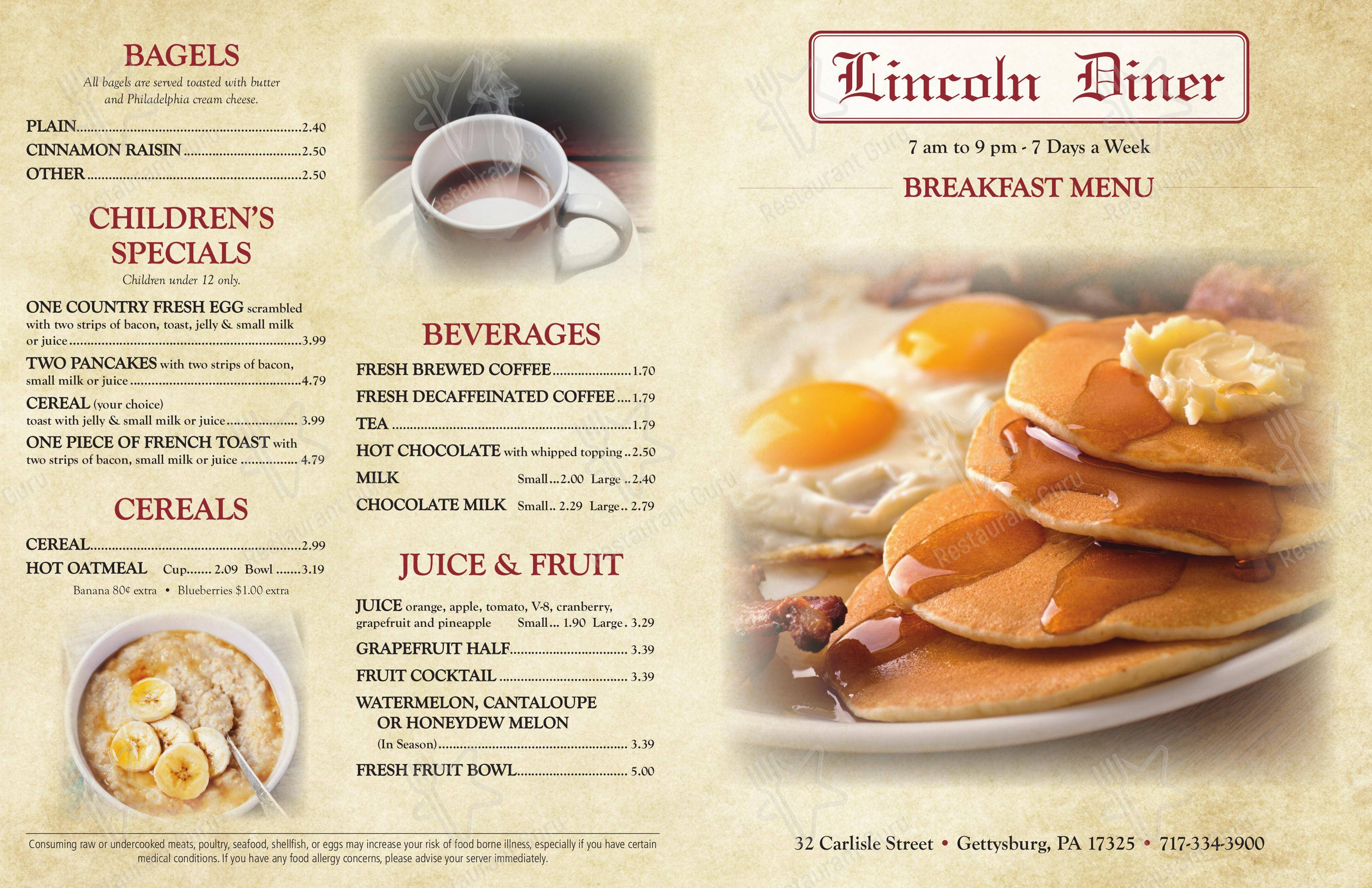 Menu at Lincoln Diner restaurant, Gettysburg