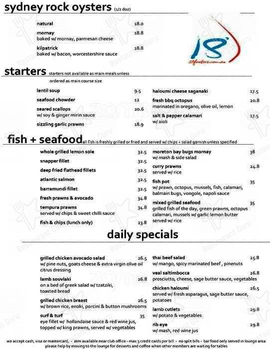 18 Footers Bar, Restaurant & Cafe menu