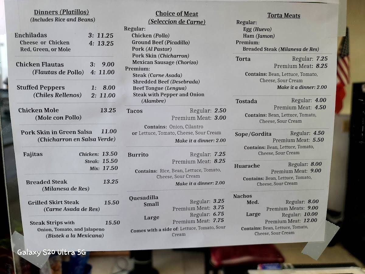 Menu at Algonquin Mexican Restaurant, Algonquin