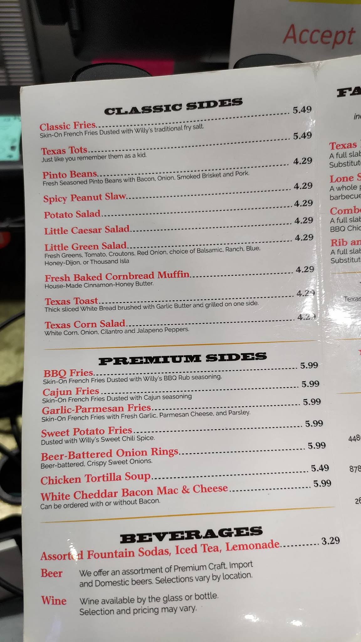 Menu at Armadillo Willy's Texas BBQ, Sunnyvale